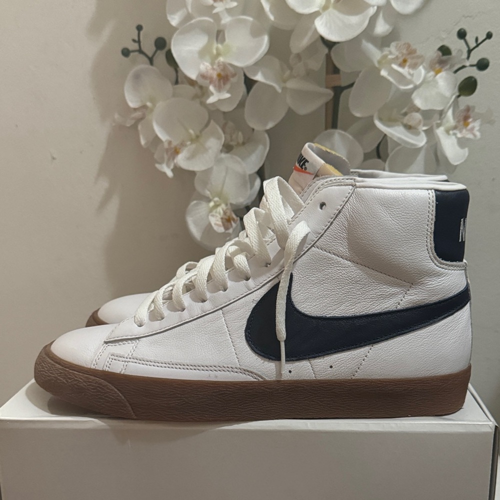 Nike White and Blue High-Tops with Gum Sole